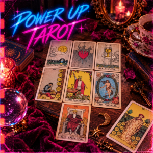 Lectura de tarot neón retro Power Up Tarot (auto-estudio)
